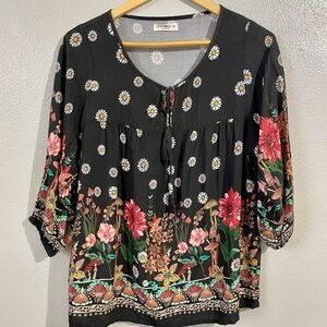 Boho Prairie Black Floral Rayon Top Tie Neck Fringe Medium Natural Life Mushroom
